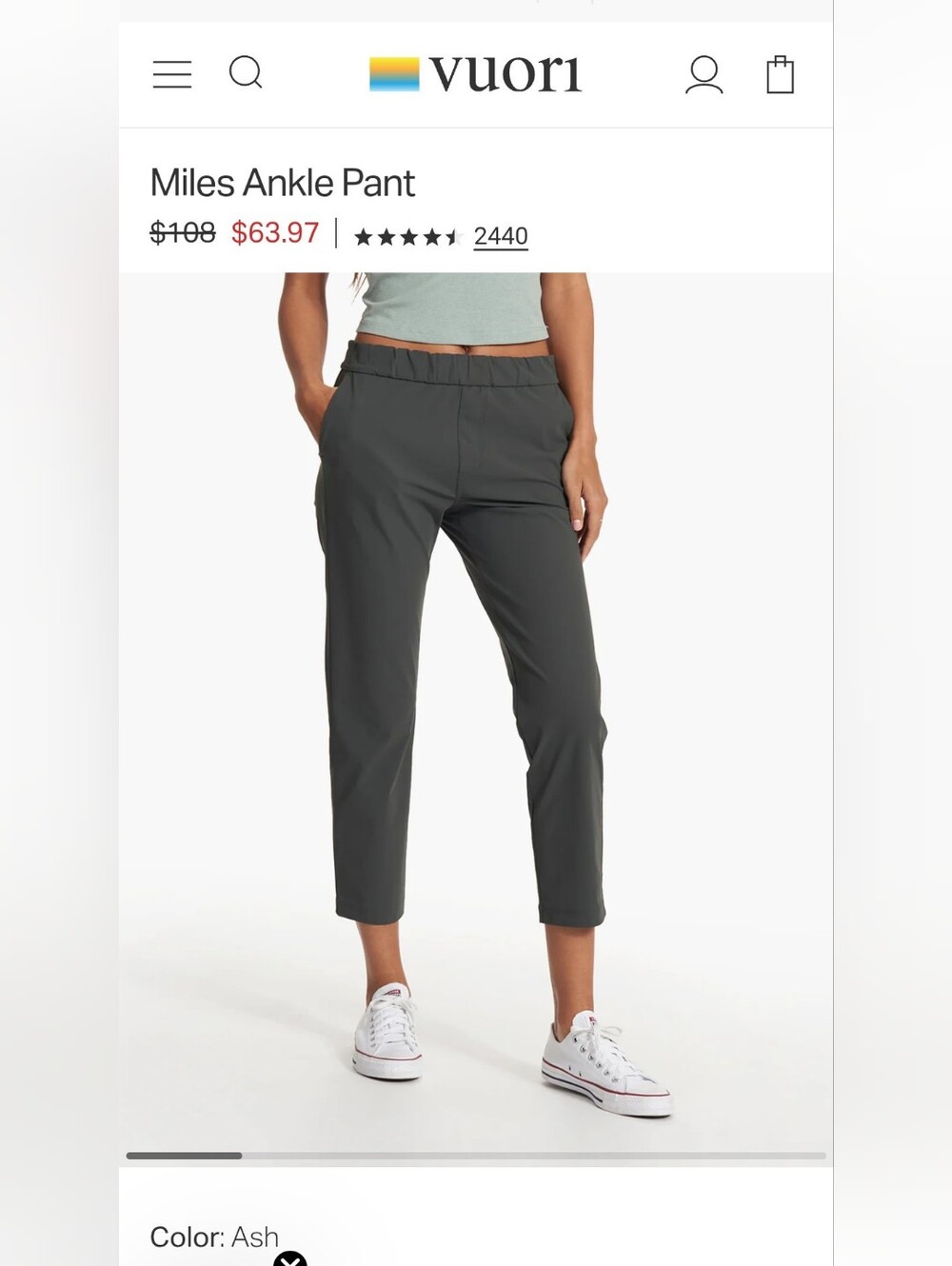 Vuori Miles Ankle Pant — Ash Gray